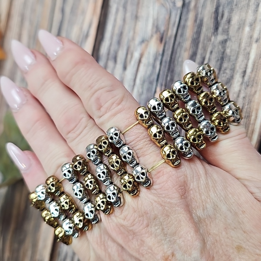 NEW UNISEX SKULL MULTI-ROW GOLD & SILVER TONE STRETCH BRACELET - Picture 8 of 10